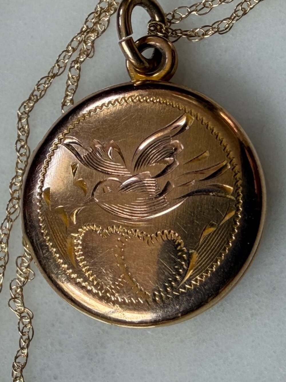 Antique 10K Gold Round Locket – Etched Bird & Heart